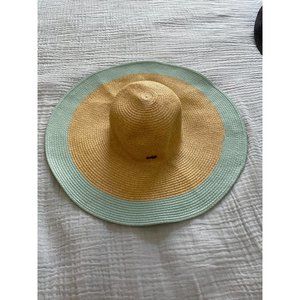 Lucky 7 Straw Sun Hat Floppy Brim  Beige Green Trim Beach Wear